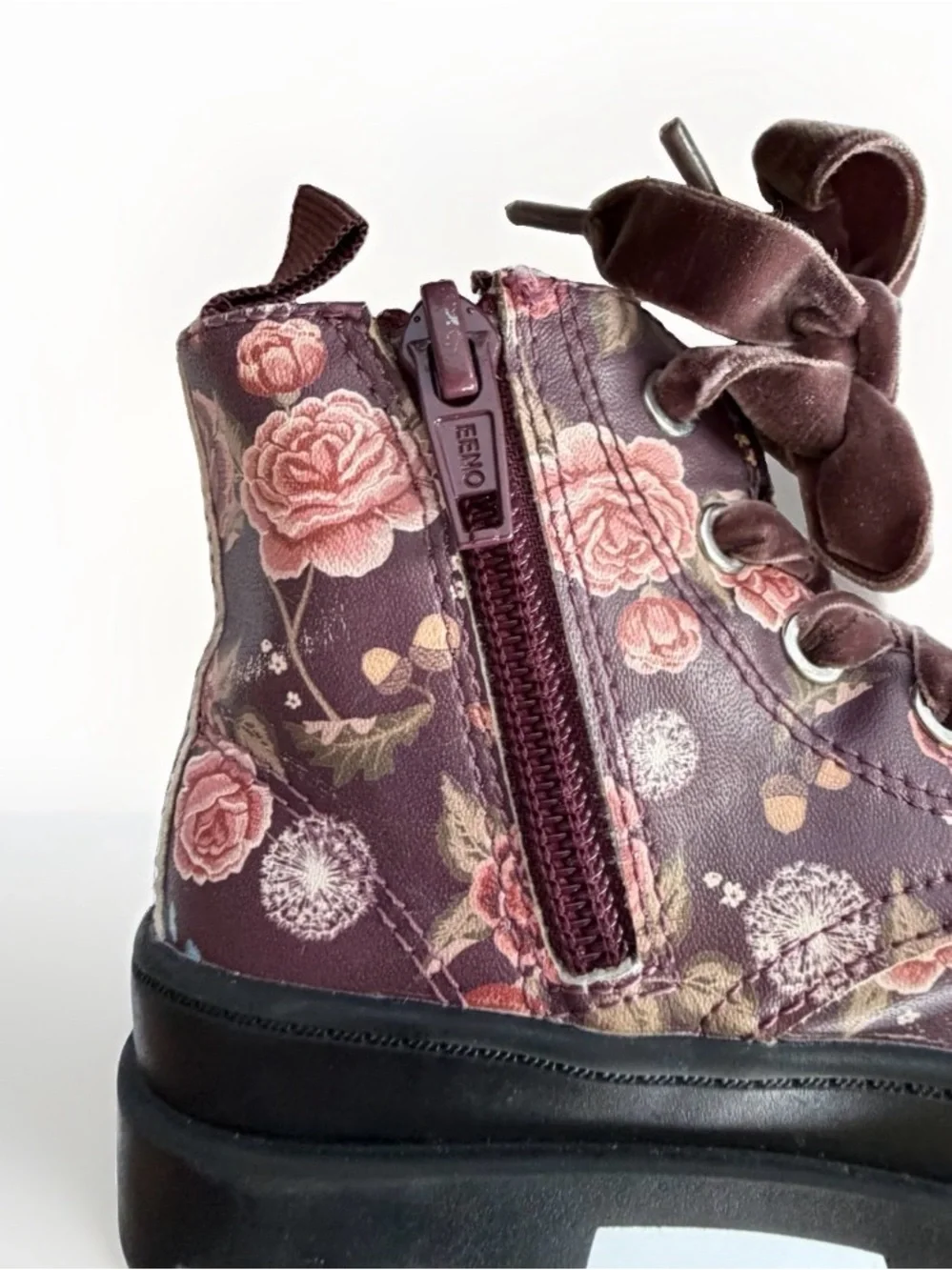H&M Toddler Girls Floral Combat Boots Sz 6.5 Velvet Ribbon Laces Lug Sole Zipper